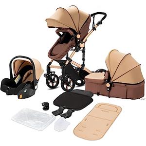 NADDLILY Passeggino Trio, Passeggino 3 in 1 con Spinta Reversibile a Due Vie, Trio Passeggino Neonati con Accessori, Carrozzina per Neonati con Design Portatile Pieghevole Un Clic (588 Khaki)