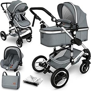 KIDUKU® 3 in 1 Passeggino Completo Trio | Passeggino Sistema Combinato con Navicella Ovetto Seggiolino Auto Coprigambe | Pneumatici in Gomma Dura Borsa Fasciatoio Parapioggia Tavolo per Bambini