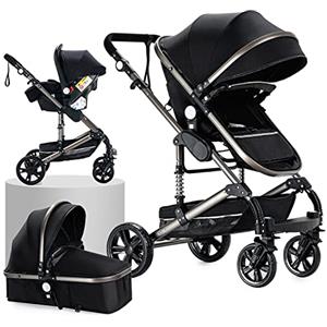 Prokoke Passeggino Trio, Trio Passeggino Neonati con Due Modi Reversibili per Spingere, Passeggino 3 in 1 con Una Lega di Alluminio a Cornice, Trio con Design Pieghevole in Un Clic (739 Black)