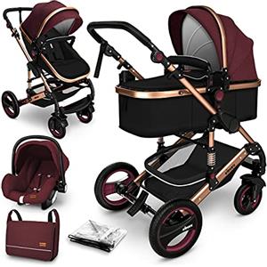 KIDUKU® 3 in 1 Passeggino Completo Trio | Passeggino Sistema Combinato con Navicella Ovetto Seggiolino Auto Coprigambe | Pneumatici in Gomma Dura Borsa Fasciatoio Parapioggia Tavolo per Bambini