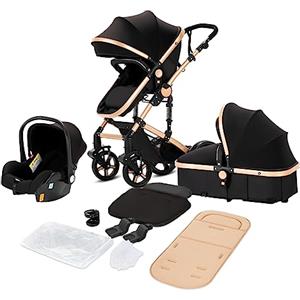 Magic ZC Passeggino Trio, Carrozzina per Neonati con Design Portatile Pieghevole Un Clic, Passeggino 3 in 1 con Spinta Reversibile a Due Vie, Trio Passeggino Neonati con Accessori (black gold 588)