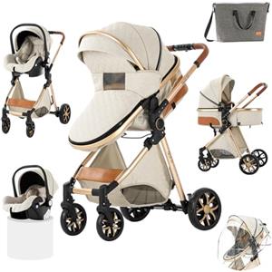 Prokoke Passeggino Trio, Passeggino 3 in 1 con Una Lega di Alluminio a Cornice, Trio Passeggino Neonati con Due Modi Reversibili per Spingere, Trio con Design Pieghevole in Un Clic (225 Creamy White)