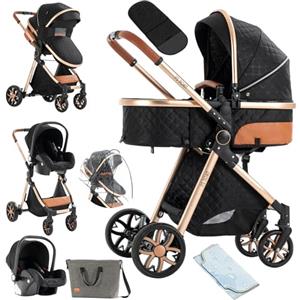 NADDLILY Passeggino Trio, Passeggino 3 in 1 con Spinta Reversibile a Due Vie, Trio Passeggino Neonati con Accessori, Carrozzina per Neonati con Design Portatile Pieghevole Un Clic (V9 Black)