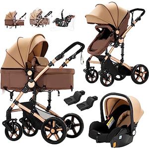 Prokoke Passeggino Trio, Passeggino 3 in 1 con Una Lega di Alluminio a Cornice, Trio Passeggino Neonati con Due Modi Reversibili per Spingere, Trio con Design Pieghevole in Un Clic (khaki 588 new)