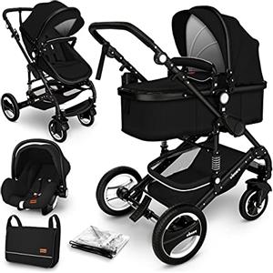 KIDUKU® 3 in 1 Passeggino Completo Trio | Passeggino Sistema Combinato con Navicella Ovetto Seggiolino Auto Coprigambe | Pneumatici in Gomma Dura Borsa Fasciatoio Parapioggia Tavolo per Bambini