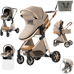 Prokoke Passeggino Trio, Passeggino 3 in 1 con Una Lega di Alluminio a Cornice, Trio Passeggino Neonati con Design Pieghevole in Un Clic, Trio con Due Modi Reversibili per Spingere (225 Khaki)