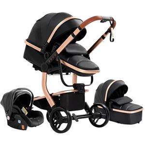 Prokoke Passeggino Trio, Trio Passeggino Neonati con Design Pieghevole in Un Clic, Passeggino 3 in 1 con Una Lega di Alluminio a Cornice, Trio con Due Modi Reversibili per Spingere (518 Black)