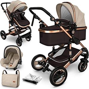 KIDUKU® 3 in 1 Passeggino Completo Trio | Passeggino Sistema Combinato con Navicella Ovetto Seggiolino Auto Coprigambe | Pneumatici in Gomma Dura Borsa Fasciatoio Parapioggia Tavolo per Bambini