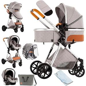 NADDLILY Passeggino Trio, Passeggino 3 in 1 con Spinta Reversibile a Due Vie, Trio Passeggino Neonati con Accessori, Carrozzina per Neonati con Design Portatile Pieghevole Un Clic (V9 Light Grey)