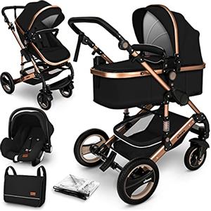 KIDUKU® 3 in 1 Passeggino Completo Trio | Passeggino Sistema Combinato con Navicella Ovetto Seggiolino Auto Coprigambe | Pneumatici in Gomma Dura Borsa Fasciatoio Parapioggia Tavolo per Bambini