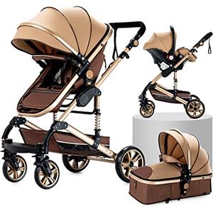 NADDLILY Passeggino Trio, Passeggino 3 in 1 con Spinta Reversibile a Due Vie, Trio Passeggino Neonati con Accessori, Carrozzina per Neonati con Design Portatile Pieghevole Un Clic (739 Beige)