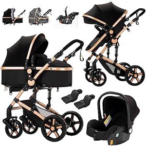 Prokoke Passeggino Trio, Passeggino 3 in 1 con Una Lega di Alluminio a Cornice, Trio con Design Pieghevole in Un Clic, Trio Passeggino Neonati con Due Modi Reversibili per Spingere (588 Black Gold)