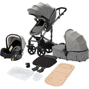 NADDLILY Passeggino Trio, Passeggino 3 in 1 con Spinta Reversibile a Due Vie, Trio Passeggino Neonati con Accessori, Carrozzina per Neonati con Design Portatile Pieghevole Un Clic (588 Grey)