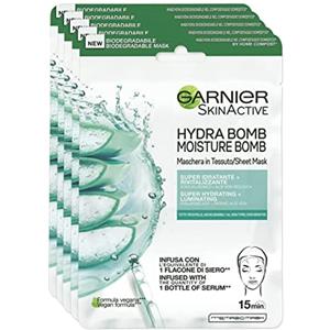 Garnier Maschera in Tessuto Skin Active Hydra Bomb, Formula Super Idratante e Rivitalizzante, Per Tutti i Tipi di Pelle, Con Acido Ialuronico e Aloe Vera Biologica, Confezione da 5