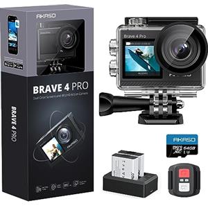 AKASO Brave 4 Pro Action Cam 4K 40M con Scheda di Memoria U3 da 64GB, Videocamera 20MP WiFi 170° Grandangolare Doppio Schermo EIS Stabilizzazione, Touch Screen, 5x Zoom
