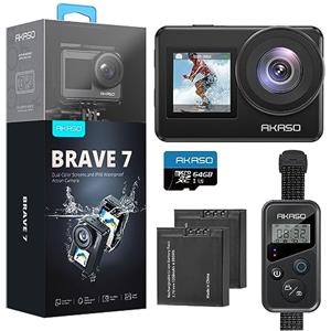 AKASO Brave 7 Action Cam 4K 30FPS 20MP con Scheda di Memoria MicroSDXC U3 da 64GB, IPX8 Fotocamera Subacquea Stabilizzata, Impermeabile Videocamera con Comando Vocale