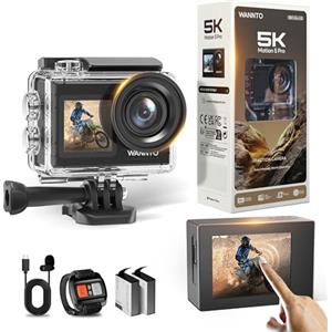 WANNTO 5K Action Cam 40M Fotocamera Subacquea Videocamera 24MP WiFi 170° Grandangolare Doppio Schermo EIS, Touch Screen, con Microfono Esterno, 2x1350mAh Batterie (Motion 5 Pro)