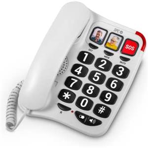 SPC Comfort Numbers 2 - Telefono fisso per anziani con tasti grandi, 3 memorie dirette con foto, volume molto alto, compatibile con apparecchi acustici, segnale luminoso, da tavolo o da parete