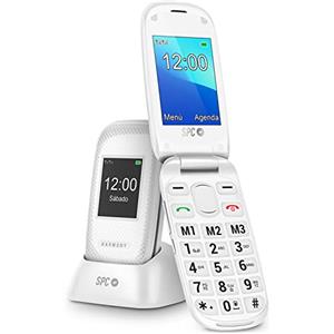 SPC Harmony - Telefono cellulare con chiusura per anziani con numeri e lettere grandi, pulsante SOS, 3 memorie dirette, base di caricamento, Bianco