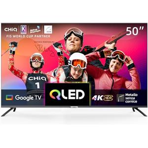 CHiQ Smart TV CHiQ U50QM8G 50 pollici, UHD QLED con HDR, Metallo senza cornice, Google TV, Dolby Audio, Sintonizzatore triplo, Wi-Fi 2.4G/5G, Assistente Google, HDMI 2.1, USB2.0, Modello 2023, colore: Nero