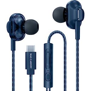 MAS CARNEY Cuffie USB C TI9, Array di Altoparlanti Doppi, Chipset Digitale Integrato, Microfono, Telecomando, Auricolari In-Ear Compatibili con Smartphone Samsung, Huawei, OPPO, Pixel, iPad, blu