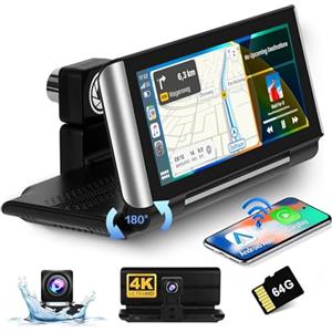 Hikity Monitor Touchscreen Pieghevole da 6,86 Pollici con 4K Dashcam, Wireless Android Auto e Senza Fili CarPlay, Autoradio Portatile con Bluetooth FM AUX SD 64G Retrocamera
