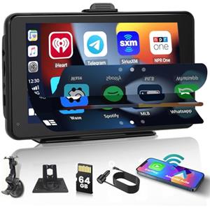 Hikity Autoradio con Wireless CarPlay e Android Auto, Portatile da 7 Pollici Navigazione Touchscreen, Senza Fili Mirror Link, Bluetooth 5.0, FM, AUX, Type-C, Siri, per Tutti i Tipi di Auto, SD 32G