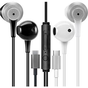 MAS CARNEY [Pacco da 2] TH4 Cuffiette USB Tipo C Filo, Auricolare in Ear USB C con Microfono per Samsung, Huawei, OPPO, Honor, Google Pixel e altri Smartphone con Interfaccia di Tipo C- Nero/Bianco