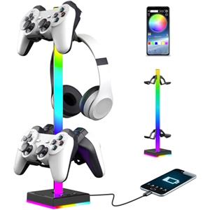 WADEO Supporto Cuffie Intelligente, Supporto Controller con Modalità Luce, Porta Cuffie Gaming RGB e Porta Joystick con 2 Porte USB e Type-C, Sincronizzazione con Musica, Accessori Gaming