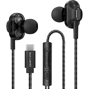 MAS CARNEY Cuffie USB C TI9, Array di Altoparlanti Doppi, Chipset Digitale Integrato, Microfono, Telecomando, Auricolari In-Ear Compatibili con Smartphone Samsung, Huawei, OPPO, Pixel, iPad, Nero