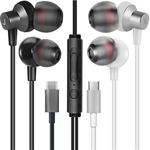 MAS CARNEY [Pacco da 2] TI3 Cuffiette USB Tipo C Filo, Auricolare in Ear USB C con Microfono per Samsung, Huawei, OPPO, Honor, Google Pixel e Altri Smartphone con Interfaccia di Tipo C- Nero/Bianco