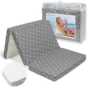 baby idea Materasso Lettino da Campeggio 100% Cotone Certificato Oeko-tex® & Certipur™ Materasso Lettino 60x120 con Borsa e Fondo Antiscivolo in Silicone (Stelle Grigio, 60x120x6)