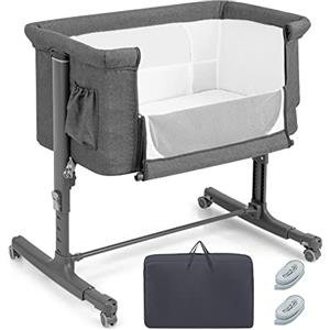 COSTWAY Culla Neonato Fianco Letto 3 in 1, Lettino Neonato Dondolo con Materasso, Culla Co-Sleeping Fino a 9kg, Altezza Regolabili, Inclinazione di 10°, 84x 59,5x 80,5cm (Modello 1, Grigio)