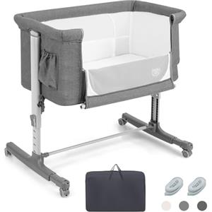 RELAX4LIFE 3 in 1 Culla Neonato Fianco Letto, Culla da Campeggio con Materasso e Cinghia Fissaggio, Regolabile In Altezza 5 Posizioni, Borsa per il Trasporto, per Bambini 0-6 Mesi (Grigio Chiaro)