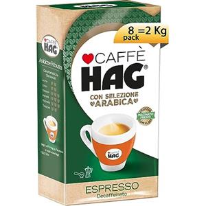 Caffé HAG Hag - Caffè Macinato Decaffeinato Gusto Espresso Macinato Fresco - Miscela caffè per Moka o macchina da Espresso con braccetto - Contiene 8 confezioni da 250 g (Totale 2 kg)