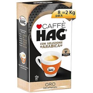 Caffé HAG Hag - Caffè Macinato Decaffeinato Gusto Oro - Caffè dal Sapore Morbido e Pieno. Ideale in ogni momento della giornata - Contiene 8 confezioni da 250 gr (totale 2 kg)