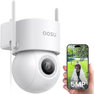 AOSU 3K 5MP Telecamera Wi-fi Esterno Fili, Videocamera Sorveglianza WiFi con 400Lm Faretto Visione Notturna a Colori, Elecamera Esterno Movimento, Registrazione 24/7, Sicurezza del Veicolo