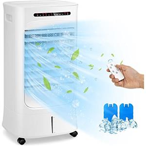 GYMAX Raffreddatore d'Aria, 10L Serbatoio dell'Acqua, Timer 15H, Telecomando, 4 Ruote, Condizionatore Portatile senza Tubo, Climatizzatore Evaporativo, 39x33x74cm, Bianco