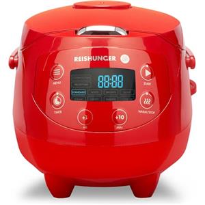 Reishunger Mini Cuociriso Digitale - Vaporiera Multifunzione Rossa Fino a 3 Persone con 8 Programmi, Tecnologia a 7 Fasi, 0.6L, Con Display LED e Funzione di Mantenimento del Caldo