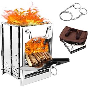 WADEO Stufa a legna portatile, in acciaio inox, con borsa portaoggetti e sega a corda, stufa a legna pieghevole per barbecue all'aperto, grill, escursionismo, viaggi e picnic