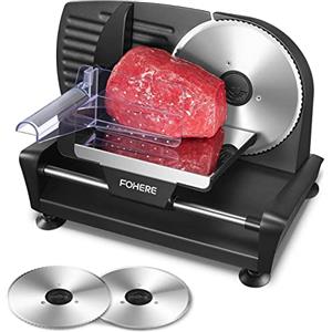 FOHERE Affettatrice Elettrica da Casa, FOHERE 200W Affettatrice Professionale con 2 Lame in Acciaio Inossidabile, Affettatrice con Spessore Regolabile 0-15 mm per Salumi,Prosciutto e Verdure, Nero