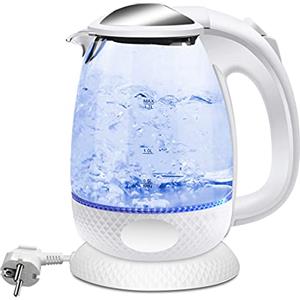 EXTRASTARBollitore Acqua Elettrico, Bollitore da 1,7L in vetro con indicatore luminoso a LED blu, bollitore elettrico senza BPA con spegnimento automatico e protezione da bollitura a secco, bianco.