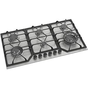 PremierTech Piano Cottura a Gas 6 fuochi, 90 cm, Acciaio Inox, Incasso 83 x 49cm, Doppio Bruciatore Wok, Supporti in Ghisa professionali, predisposto Metano e Kit Ugelli GPL inclusi, PC906