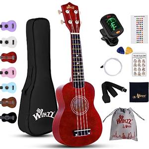 Winzz Ukulele Bambini 21 Pollici, Ukulele Soprano Adulti Principianti Set, Ukulele Rosso con Accordatore, Custodia, Tracolla, Corde, Plettri, Adesivo per Tastiera, Carta degli Accordi