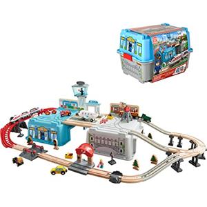Hape Set Mega Metropoli - Ferrovia da 80 pezzi con trenini, gru, personaggi e scatola multiuso per gioco di ruolo bambini dai 3 anni