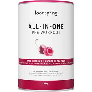 foodspring Booster Pre Workout - 200 mg di caffeina per porzione e senza zucchero - Pre workout potente con EnXtra, Taurina, Citrullina, B6, B8, Colina e Ashwagandha (350g | Ciliegia scura e Lampone)