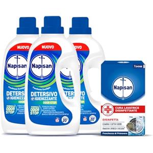 Napisan Kit Lavatrice, Detersivo Lavatrice Liquido Igienizzante Odorstop - 69 Lavaggi, 1 Cura Lavatrice Disinfettante da 250ml.