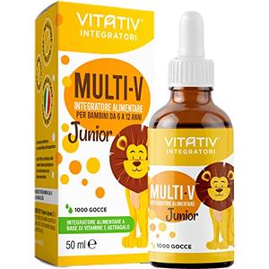 VITATIV® MULTI-V Junior | Integratore Multivitaminico per Bambini in Gocce 50ml con Astragalo Vitamina C Vitamina A Vitamina B12 Vitamina D Tiamina Acido Folico