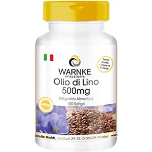 WARNKE VITALSTOFFE Olio di lino puro 500mg - Naturale e pressato a freddo - Alpha acido liponico Omega 3-100 Softgel con vitamina E | Warnke Vitalstoffe - Qualità da farmacia tedesca