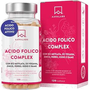 AAVALABS Acido Folico Gravidanza 400 mcg con Vitamina B12 e Acido Folico Attivo, Vitamina D3 Vegana, Zinco, Ferro, Iodio e Rame | Multivitaminico Donna Gravidanza e Allattamento - 120 Capsule